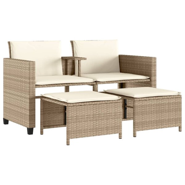vidaXL Canapé de jardin 2 places avec table et tabourets beige rotin