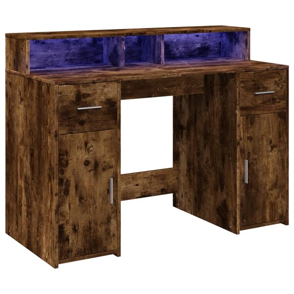 Bureau table poste de travail meuble d'ordinateur informatique étude et lumières LED chêne fumé 120 x 55 x 91 cm bois d'ingénierie brun 02_0023782