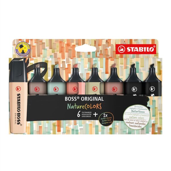 Etui Carton x 8 surligneurs BOSS ORIGINAL NatureCOLORS Dont 2 Noirs x 5 STABILO
