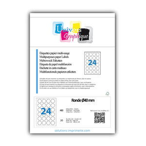 Lot de 20 planches a4 de 24 étiquettes à bords vifs rondeø40 mm en papier blanc 70g/m² multifonction