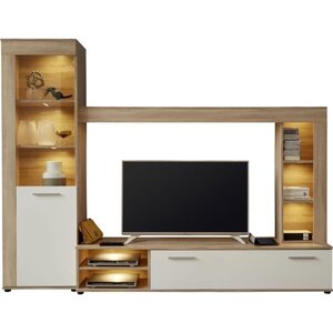 Ensemble meuble TV LOGO - 1 Porte - LED - Mélamine chêne clair et blanc mat - 240 x 41 x 185 cm
