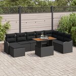 Ensemble de Canapés de Jardin 9 Pièces avec Coussins Noir en Rotin Poly Acacia