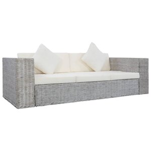 vidaXL Canapé à 3 places avec coussins Gris Rotin naturel