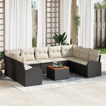 Ensemble de Canapé de Jardin 10 Pièces avec Coussins Noir Rattan Poly Acacia