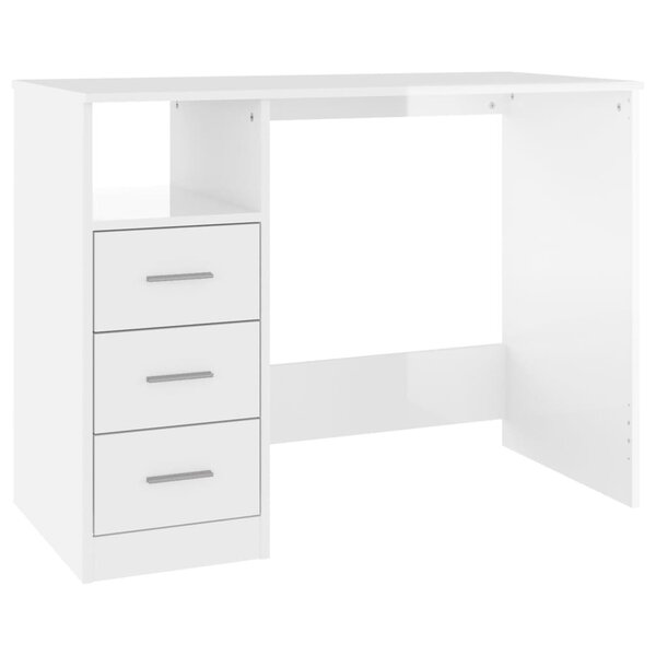 Bureau table poste de travail meuble d'ordinateur informatique étude et tiroirs brillant 102 x 50 x 76 cm bois d'ingénierie blanc 02_0023813