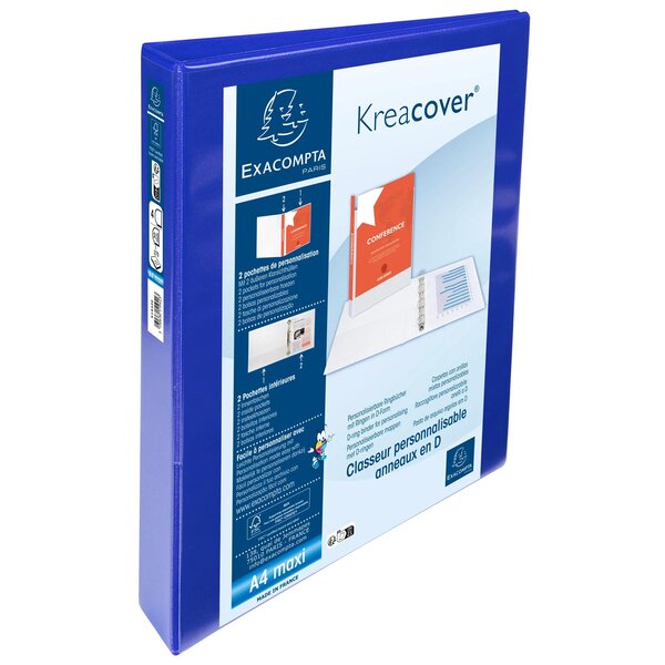 Classeur Personnalisable Rigide 2 Poches Kreacover - 4 Anneaux En D 30mm - A4 Maxi - Bleu - Exacompta