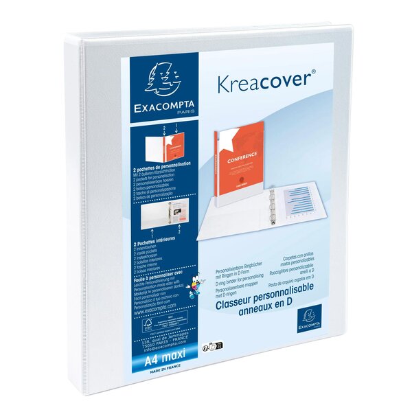 Classeur Personnalisable Rigide 2 Poches Kreacover 2 Anneaux En D 16mm - A4 Maxi. - Blanc - X 10 - Exacompta