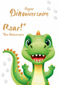 69-3124 Carte Anniversaire Gentil Dinosaure Vert pour Garçon Enfant Peinture Aquarelle Monstre Dragon - Finitions Dorure Or Doré + Gaufrage en Relief +1 Enveloppe Format 12x17cm - Fabriqué en Europe