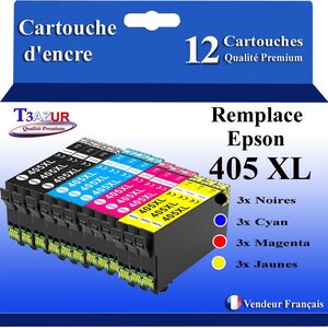 T3AZUR - 12 Cartouches compatibles avec Epson 405 405 XL pour Epson Workforce Pro WF-4800 WF-4820DWF WF-4825DWF WF-4830DTWf