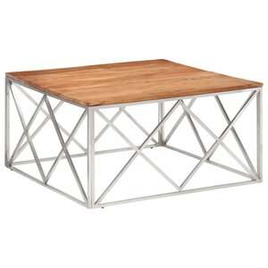 vidaXL Table basse argenté acier inoxydable et bois massif d'acacia