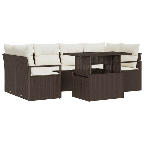 vidaXL Set de canapés de jardin 7 pièces avec coussins marron en poly rattan