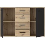 Buffet Particules mélaminé - chêne et noir - 2 portes + 4 tiroirs - 122 6 x 34 2 x 81 7 cm