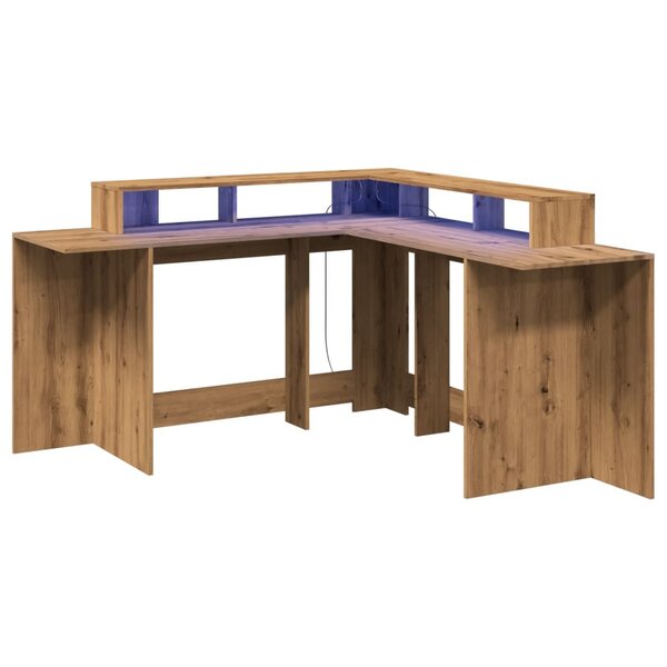 Bureau table poste de travail meuble d'ordinateur informatique étude avec lumières LED chêne artisanal bois d'ingénierie brun 02_0023416