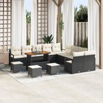 Canapé de jardin 14 pièces avec coussins noir poly rotin acacia