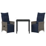 Ensemble de Salle à Manger de Jardin 3 Pièces avec Coussins Gris Poly Rattan