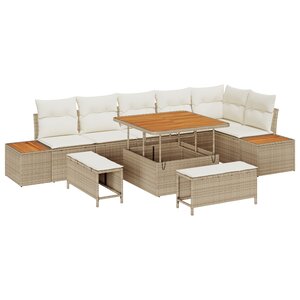 vidaXL Canapé de Jardin 9 Pièces avec Coussins Beige en Rattan Poly Acacia