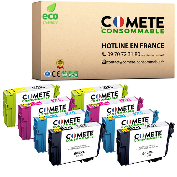 COMETE, Entreprise française - 502XL - 8 Cartouches d'encre Compatibles avec EPSON 502 ou 502XL Jumelles - pour Cartouche Epson 502 Expression Home XP 5100 XP 5105, Workforce WF-2860 WF-2865 (Pack DE 8)