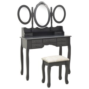 vidaXL Coiffeuse avec tabouret et miroir pliable en 3 Gris
