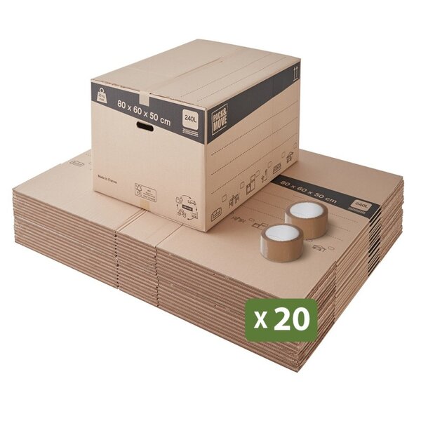 Pack and Move - Lot 20 cartons déménagement XXL - 80 x 60 x 50 cm - Poignées renforcées - 2 adhésifs offerts