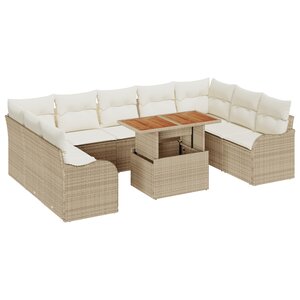 Ensemble de Canapés de Jardin de 10 Pièces avec Coussins Beige Poly Rattan Acacia