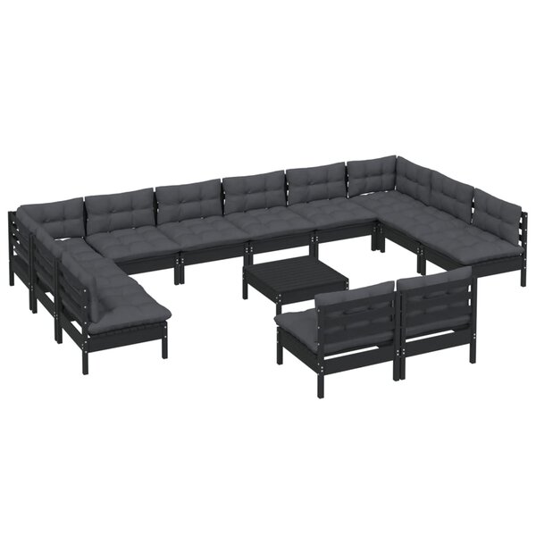 Salon de jardin meuble d'extérieur ensemble de mobilier 13 pièces avec coussins noir bois de pin massif 02_0015767