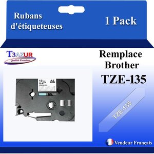Ruban d'étiqueteuse compatible avec Brother Tze135  Tze-135 pour étiqueteuses P-touch - Texte blanc sur fond transparent - Largeur 12 mm x 8 mètres