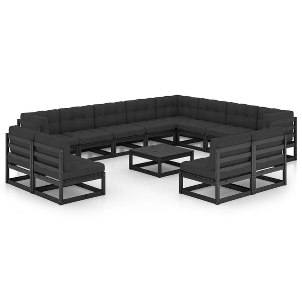 Salon de jardin meuble d'extérieur ensemble de mobilier 14 pièces avec coussins noir bois de pin massif 02_0015850