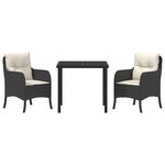 vidaXL Set de salle à manger de jardin 3 pièces avec coussins en rattan poly noir
