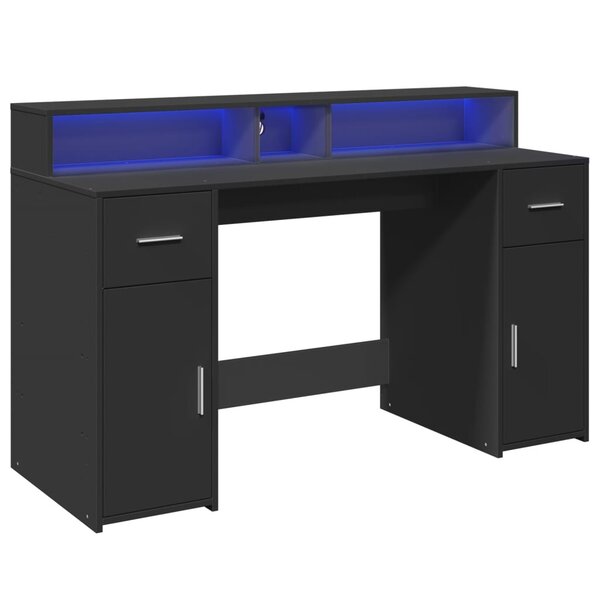 Bureau table poste de travail meuble d'ordinateur informatique étude avec lumières LED 140 x 55 x 91 cm bois d'ingénierie noir 02_0023429