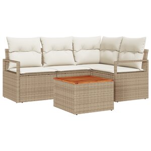 Ensemble de Canapé de Jardin 5 Pièces avec Coussins Beige Poly Rotin Acacia vidaXL