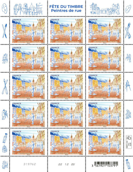 Feuille de 15 timbres - Fête du timbre - Arts de la rue - Peintres de rue - Lettre Verte