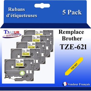 5x Rubans d'étiqueteuses compatibles avec Brother Tze621  Tze-621 pour étiqueteuses P-touch - Texte noir sur fond jaune