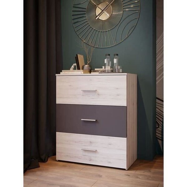 Commode Adria 3 tiroirs chêne cendré / Gris uni 75 x 41 x hauteur 90 cm