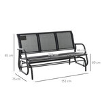 Banc à bascule de jardin 3 places design contemporain grand confort accoudoirs assise et dossier ergonomique acier textilène noir