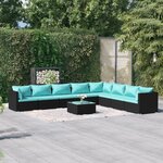 vidaXL Salon de jardin 9 Pièces avec coussins Résine tressée Noir