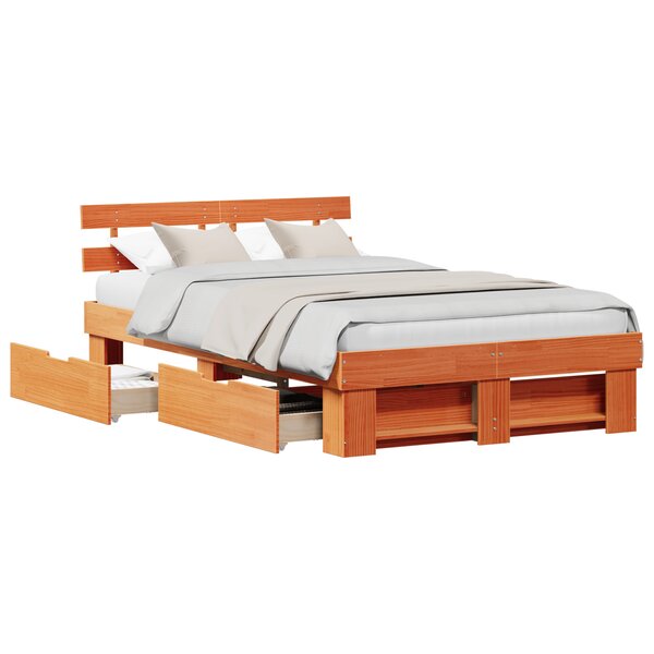 vidaXL Cadre de Lit avec Tiroirs Marron Ciré 140x190 cm Bois de Pin Massif