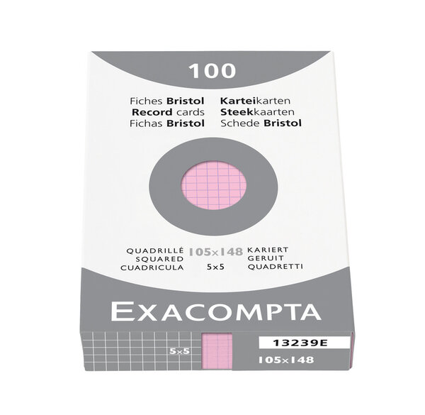 étui de 100 fiches Bristol Rose 74x105 mm quadrillage 5x5 EXACOMPTA