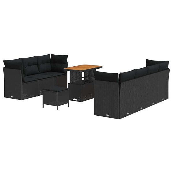 Canapé de jardin 10 pièces avec coussins Noir Polyrotin Acacia