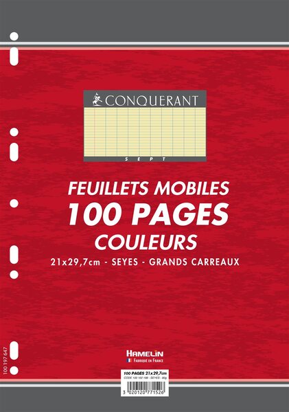 Feuillets mobiles 21x29 7 cm 100 pages grands carreaux jaunes 80g CONQUÉRANT