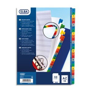 Intercalaires alphabétiques A4+ en carte, 26 divisions - Blanc touches colorées (sac 26 feuilles)