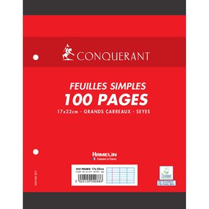 Feuilles Simples 17x22cm 100 Pages 90G Grands Carreaux Sous Film Blanches CONQUÉRANT