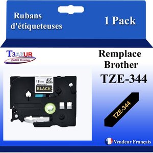 Ruban d'étiqueteuse compatible avec Brother Tze344  Tze-344 pour étiqueteuses P-touch - Texte doré sur fond noir - Largeur 18 mm x 8 mètres - T3AZUR
