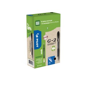 Eco Pack G2-07, stylo encre gel rétractable, pointe moyenne 0,7 mm, corps noir transparent avec zone de préhension, encre noire, 12 stylos + 12 recharges dont 6 offertes (boîte 24 unités)