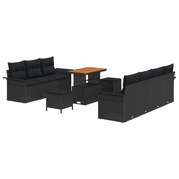 vidaXL Canapé de jardin de 10 pièces avec des coussins en poly rotin noir et en acacia.