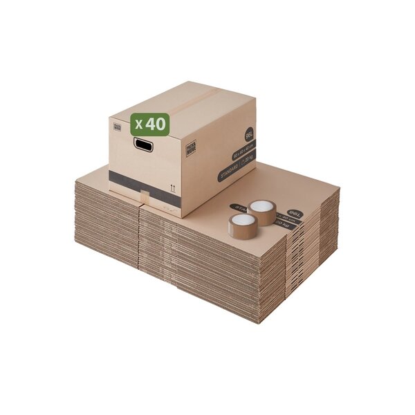 Pack and Move - Lot 40 cartons déménagement L larges - 40 x 60 x 40 cm - Poignées renforcées - 2 adhésifs offerts
