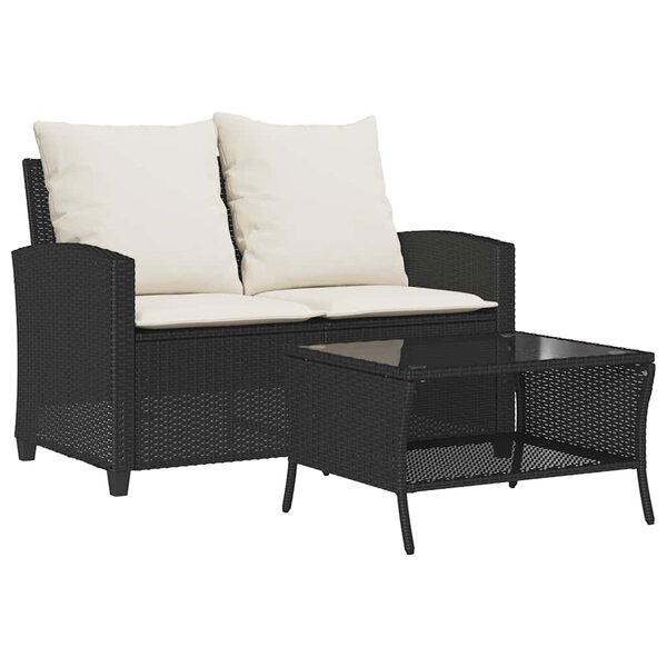 vidaXL Canapé de jardin 2 places coussins et table noir résine tressée