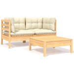vidaXL Salon de jardin 3 Pièces avec coussins crème Bois de pin massif