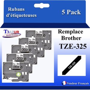 5x  Rubans d'étiqueteuses compatibles avec Brother Tze325  Tze-325 pour étiqueteuses P-touch - Texte blanc sur fond noir - Largeur 9 mm x 8 mètres - T3AZUR