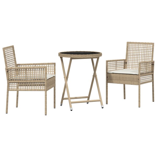 Ensemble de Bistro de Jardin 3 Pièces avec Coussins Beige en Poly Rattan
