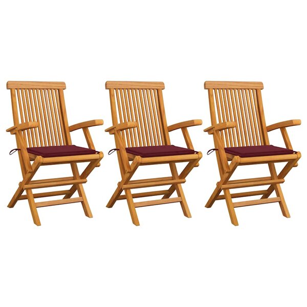vidaXL Chaises de jardin avec coussins rouge bordeaux lot de 3 Teck